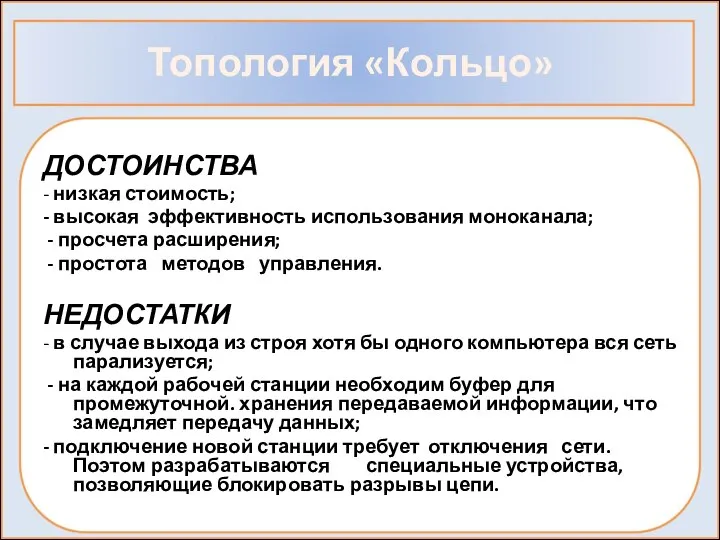 Топология «Кольцо» ДОСТОИНСТВА - низкая стоимость; - высокая эффективность использования моноканала;