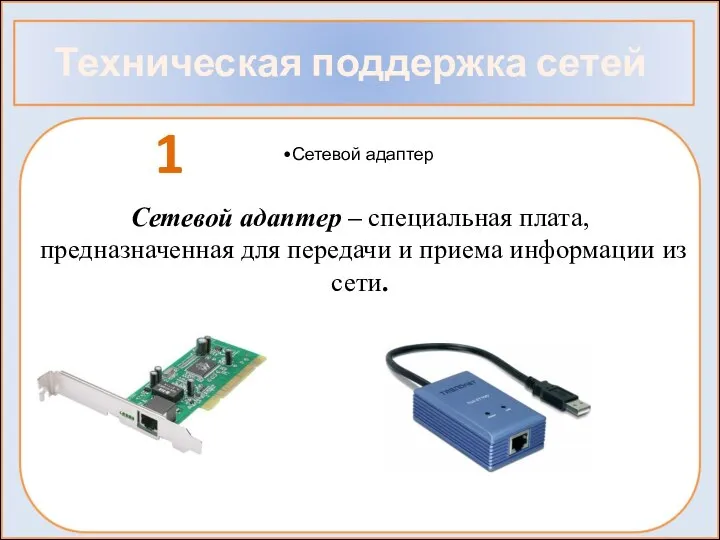 Техническая поддержка сетей Сетевой адаптер 1 Сетевой адаптер – специальная плата,