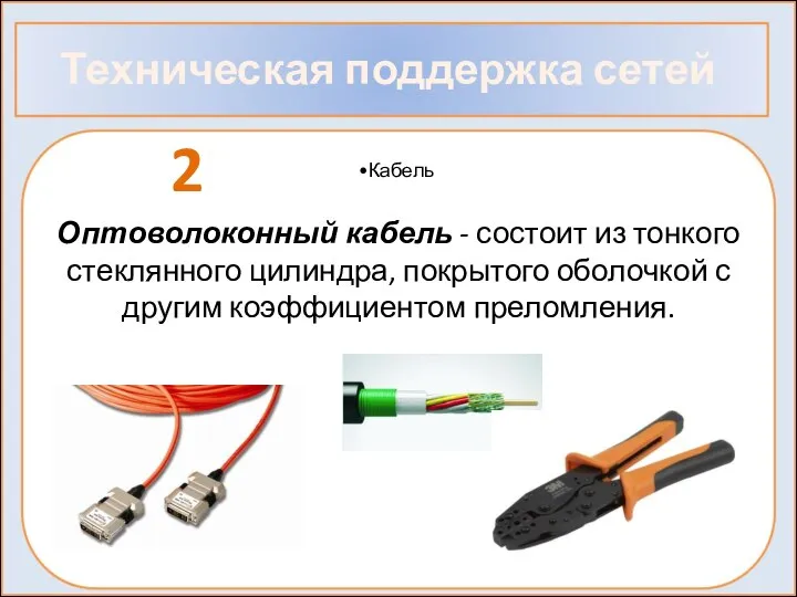 Техническая поддержка сетей Кабель 2 Оптоволоконный кабель - состоит из тонкого