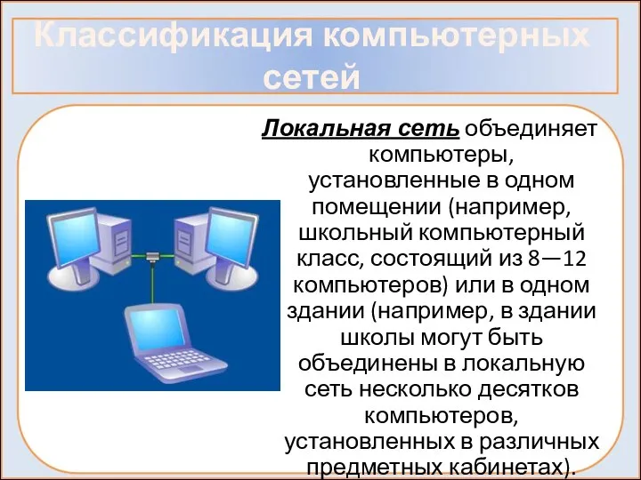 Классификация компьютерных сетей Локальная сеть объединяет компьютеры, установленные в одном помещении