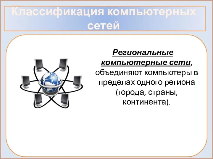 Классификация компьютерных сетей Региональные компьютерные сети, объединяют компьютеры в пределах одного региона (города, страны, континента).