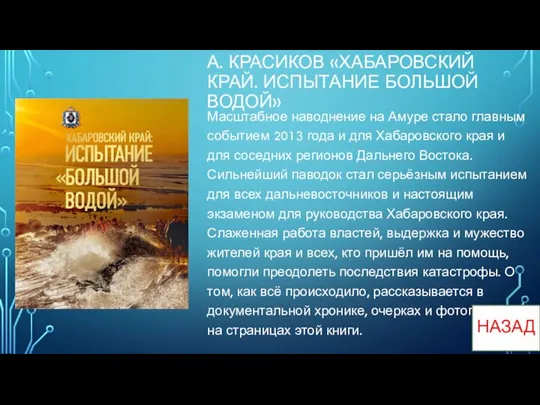 А. КРАСИКОВ «ХАБАРОВСКИЙ КРАЙ. ИСПЫТАНИЕ БОЛЬШОЙ ВОДОЙ» Масштабное наводнение на Амуре