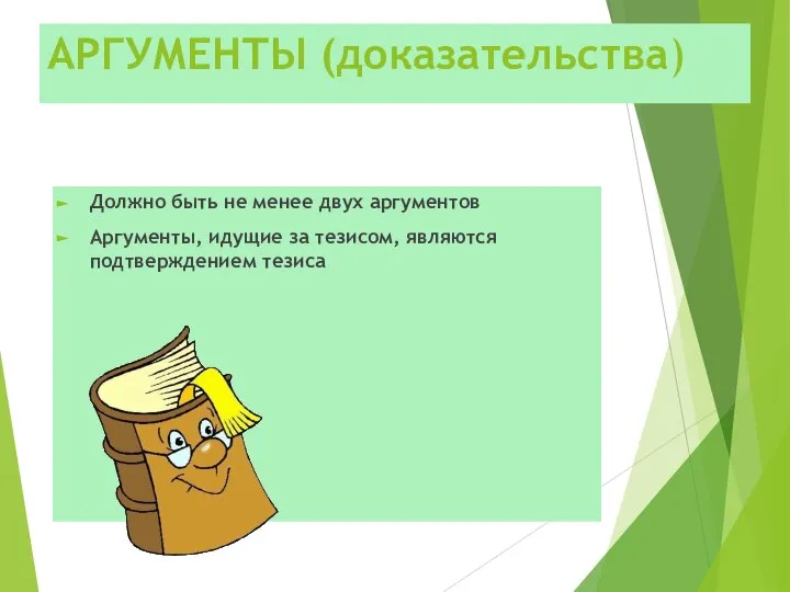 АРГУМЕНТЫ (доказательства) Должно быть не менее двух аргументов Аргументы, идущие за тезисом, являются подтверждением тезиса