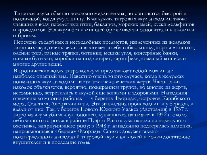 Тигровая акула обычно довольно медлительна, но становится быстрой и подвижной, когда