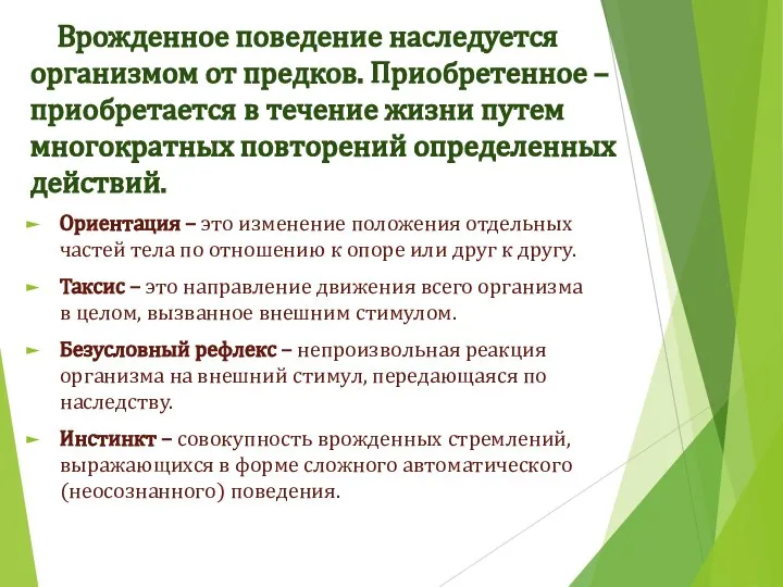 Врожденное поведение наследуется организмом от предков. Приобретенное – приобретается в течение