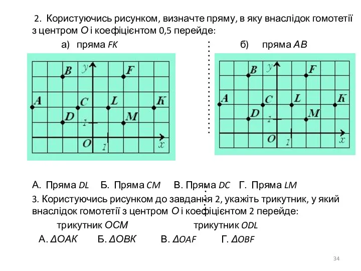 2. Користуючись рисунком, визначте пряму, в яку внаслідок гомотетії з центром