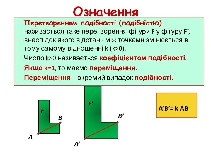 Означення Перетворенням подібності (подібністю) називається таке перетворення фігури F у фігуру