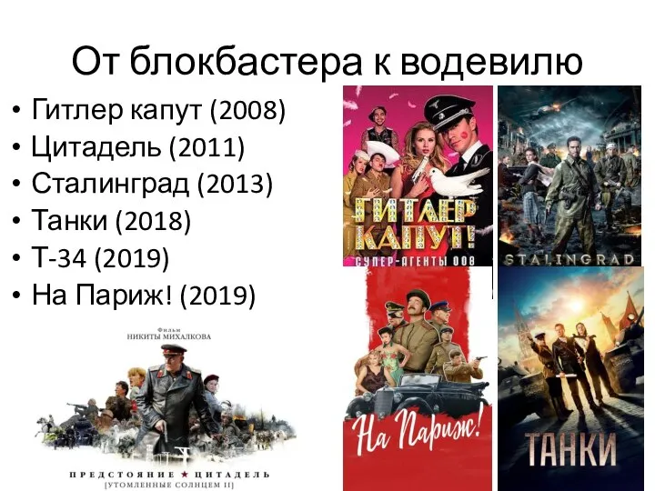 От блокбастера к водевилю Гитлер капут (2008) Цитадель (2011) Сталинград (2013)