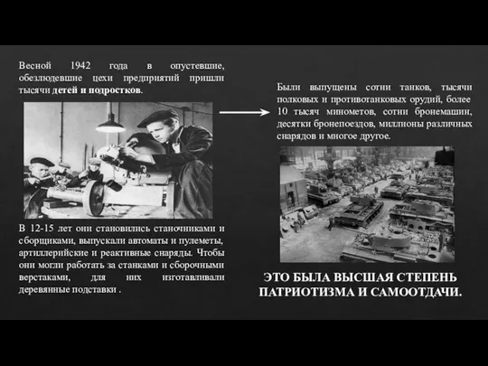 Весной 1942 года в опустевшие, обезлюдевшие цехи предприятий пришли тысячи детей