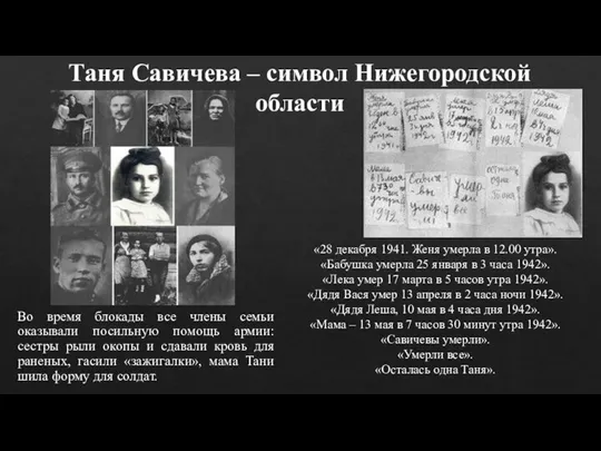 Таня Савичева – символ Нижегородской области Во время блокады все члены