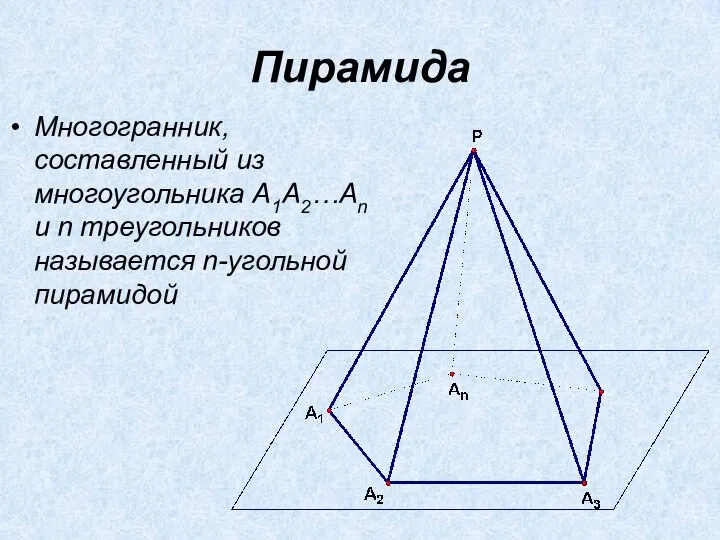 Пирамида Многогранник, составленный из многоугольника A1A2…An и n треугольников называется n-угольной пирамидой