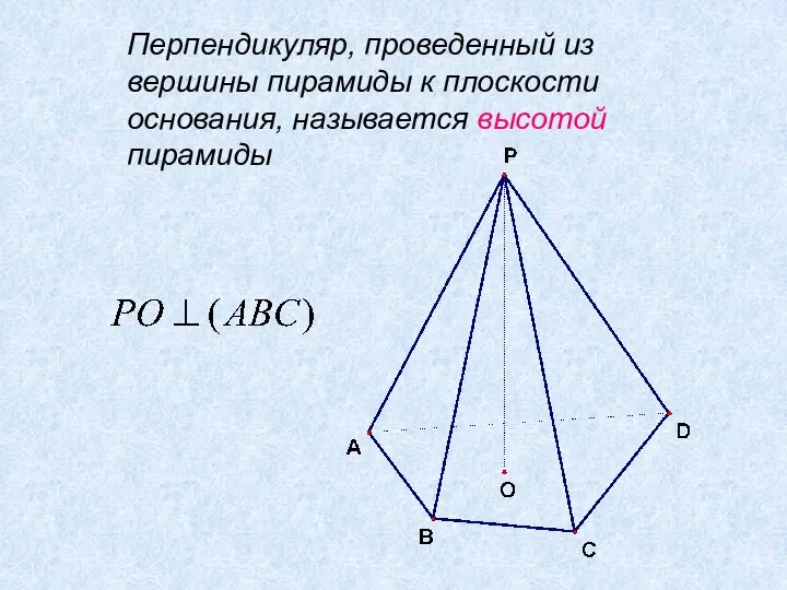Перпендикуляр, проведенный из вершины пирамиды к плоскости основания, называется высотой пирамиды