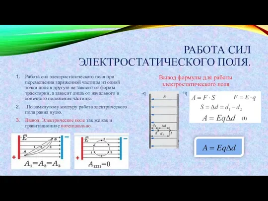 РАБОТА СИЛ ЭЛЕКТРОСТАТИЧЕСКОГО ПОЛЯ. Работа сил электростатического поля при перемещении заряженной