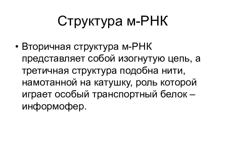 Структура м-РНК Вторичная структура м-РНК представляет собой изогнутую цепь, а третичная