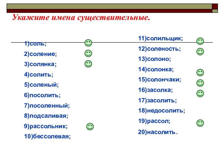 Укажите имена существительные. 1)соль; 2)соление; 3)солянка; 4)солить; 5)соленый; 6)посолить; 7)посоленный; 8)подсаливая;