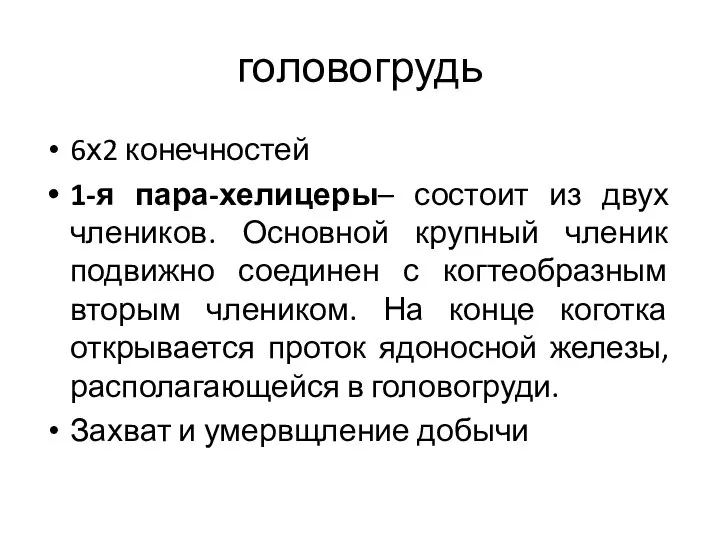 головогрудь 6х2 конечностей 1-я пара-хелицеры– состоит из двух члеников. Основной крупный