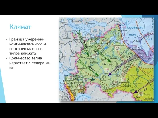 Климат Граница умеренно-континентального и континентального типов климата Количество тепла нарастает с севера на юг