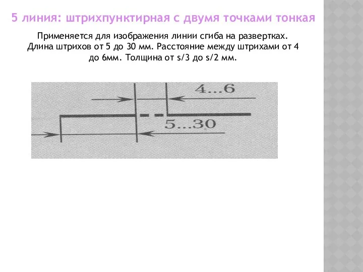 5 линия: штрихпунктирная с двумя точками тонкая Применяется для изображения линии