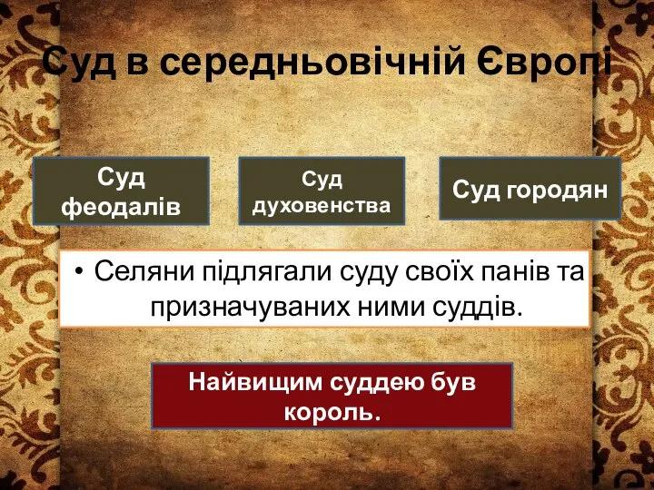 Суд в середньовічній Європі Селяни підлягали суду своїх панів та призначуваних