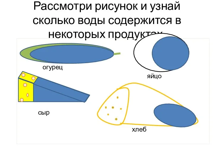 Рассмотри рисунок и узнай сколько воды содержится в некоторых продуктах. огурец яйцо сыр сыр хлеб