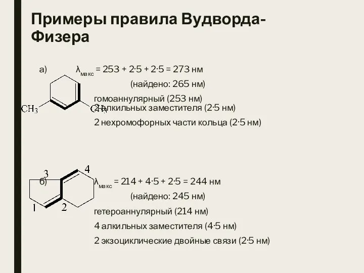 Примеры правила Вудворда-Физера а) λмакс = 253 + 2·5 + 2·5