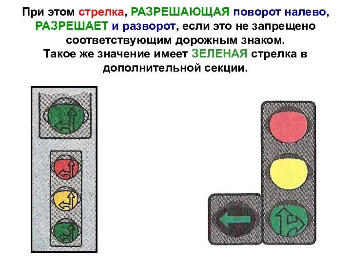 При этом стрелка, РАЗРЕШАЮЩАЯ поворот налево, РАЗРЕШАЕТ и разворот, если это