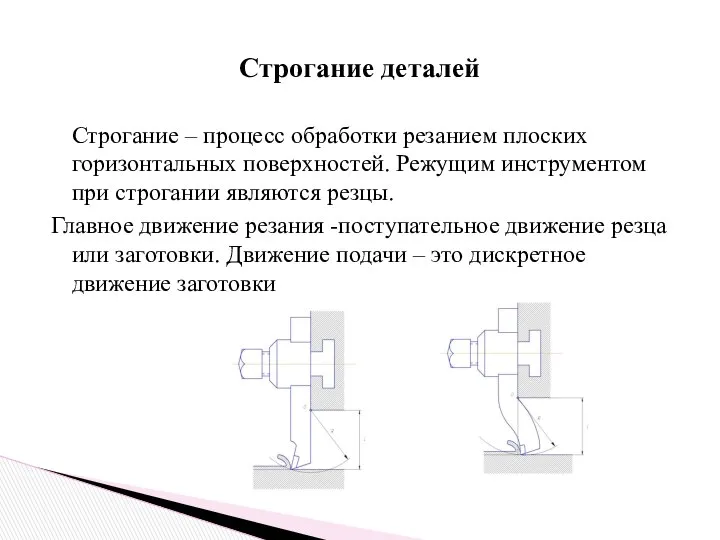 Строгание – процесс обработки резанием плоских горизонтальных поверхностей. Режущим инструментом при