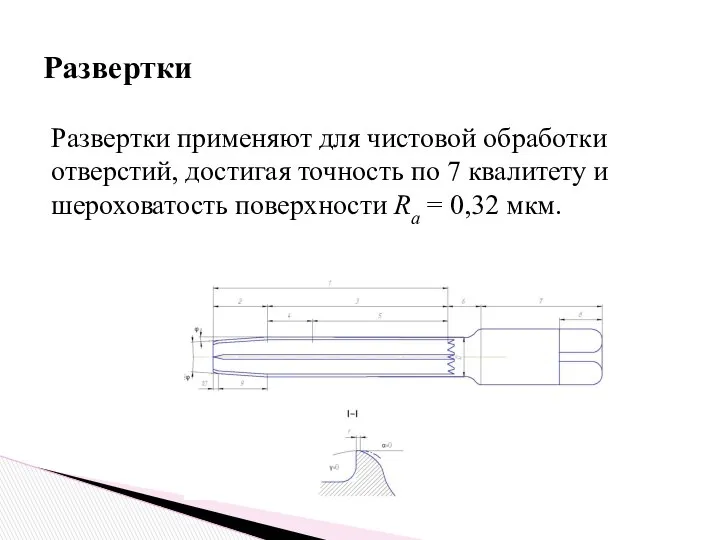 Развертки применяют для чистовой обработки отверстий, достигая точность по 7 квалитету