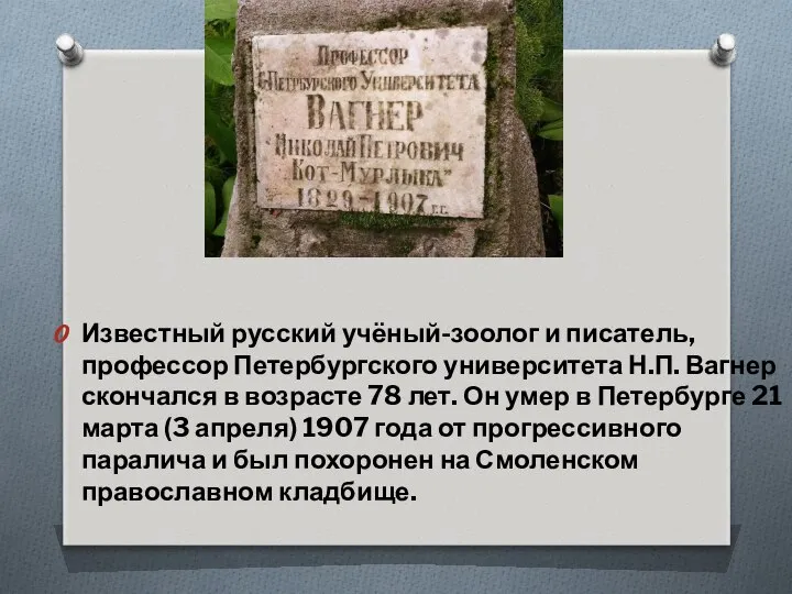 Известный русский учёный-зоолог и писатель, профессор Петербургского университета Н.П. Вагнер скончался