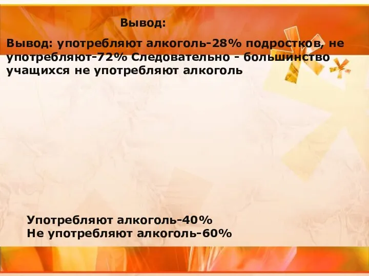 Вывод: Вывод: употребляют алкоголь-28% подростков, не употребляют-72% Следовательно - большинство учащихся