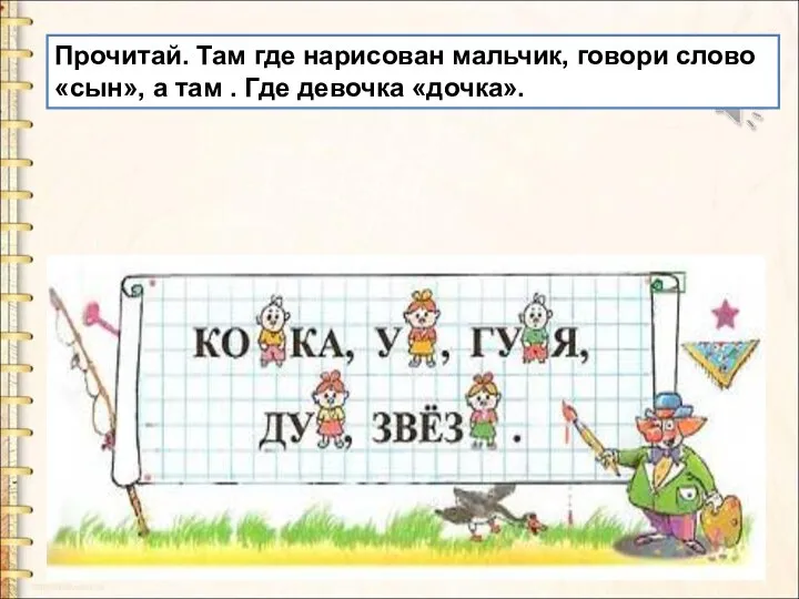 Прочитай. Там где нарисован мальчик, говори слово «сын», а там . Где девочка «дочка».