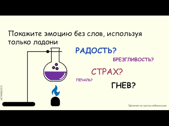 Покажите эмоцию без слов, используя только ладони РАДОСТЬ? ПЕЧАЛЬ? ГНЕВ? СТРАХ? БРЕЗГЛИВОСТЬ? *Деление на группы-лаборатории