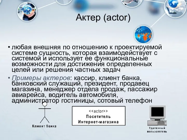 Актер (actor) любая внешняя по отношению к проектируемой системе сущность, которая