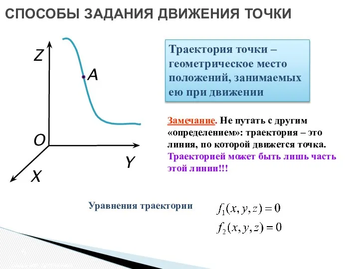 СПОСОБЫ ЗАДАНИЯ ДВИЖЕНИЯ ТОЧКИ Задание движения Y A O X Z