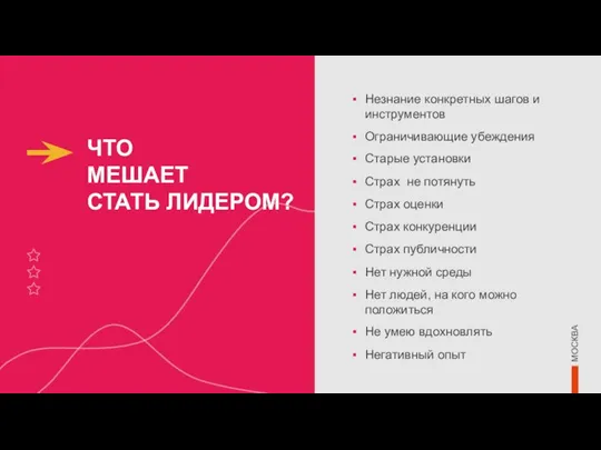 ЧТО МЕШАЕТ СТАТЬ ЛИДЕРОМ? Незнание конкретных шагов и инструментов Ограничивающие убеждения