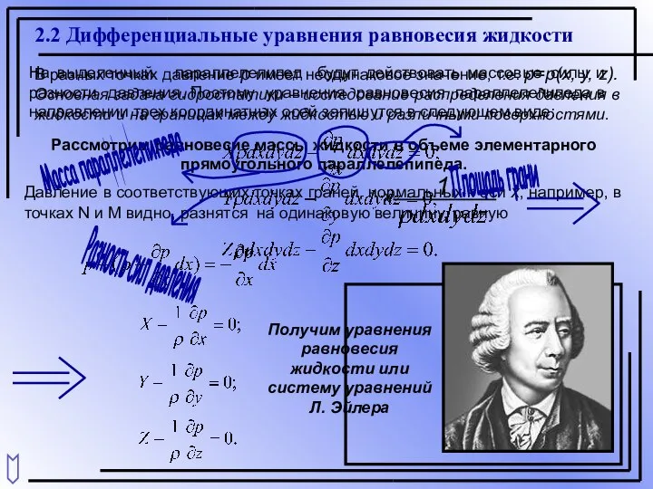 2.2 Дифференциальные уравнения равновесия жидкости В разных точках давление р имеет