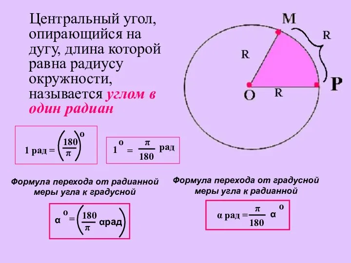 Центральный угол, опирающийся на дугу, длина которой равна радиусу окружности, называется