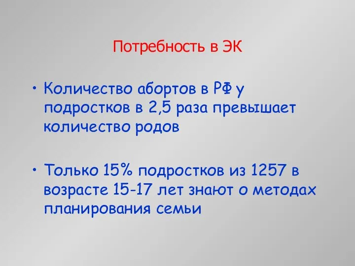 Потребность в ЭК Количество абортов в РФ у подростков в 2,5