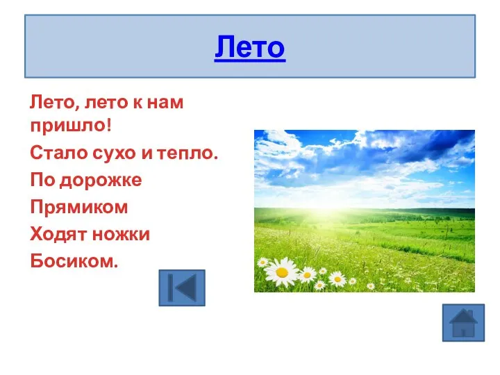 Лето Лето, лето к нам пришло! Стало сухо и тепло. По дорожке Прямиком Ходят ножки Босиком.