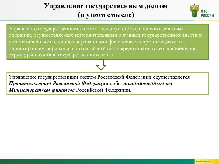 Управление государственным долгом - совокупность финансово-долговых операций, осуществляемых исполнительными органами государственной