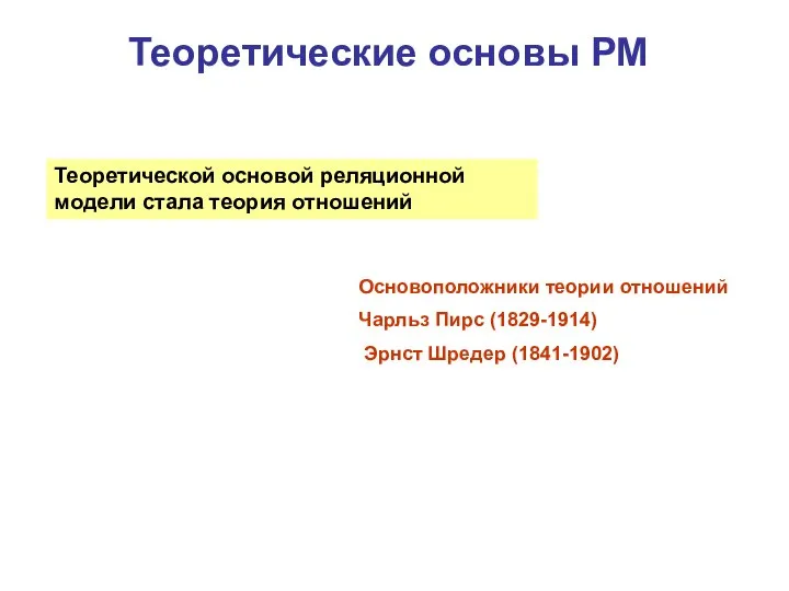 Теоретические основы РМ Теоретической основой реляционной модели стала теория отношений Основоположники