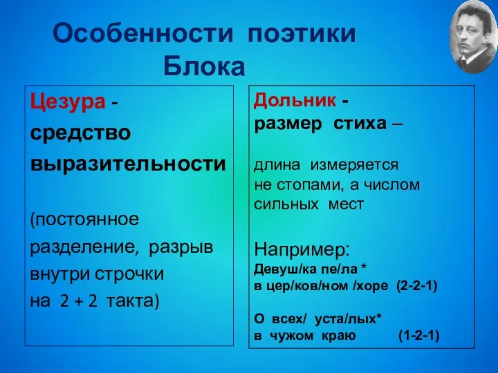 Особенности поэтики Блока Цезура - средство выразительности (постоянное разделение, разрыв внутри