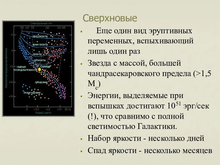 Сверхновые Еще один вид эруптивных переменных, вспыхивающий лишь один раз Звезда