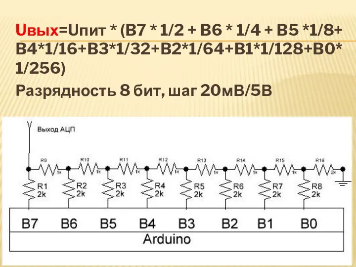 Uвых=Uпит * (B7 * 1/2 + B6 * 1/4 + B5