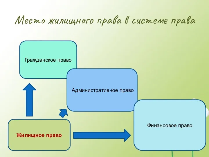 Место жилищного права в системе права Гражданское право Административное право Финансовое право Жилищное право