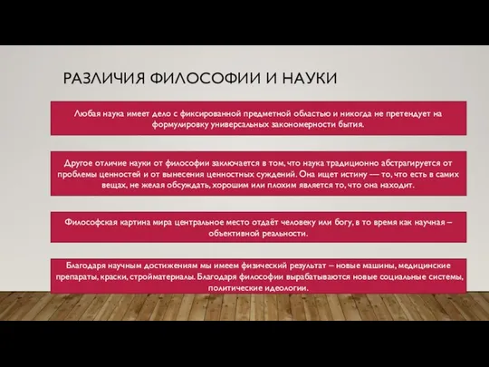 РАЗЛИЧИЯ ФИЛОСОФИИ И НАУКИ Любая наука имеет дело с фиксированной предметной