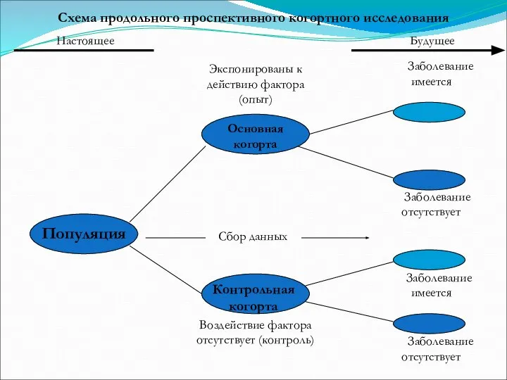 Настоящее Будущее Экспонированы к действию фактора (опыт) Заболевание имеется Основная когорта