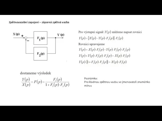 Zpětnovazební zapojení – záporná zpětná vazba Poznámka: Pro kladnou zpětnou vazbu ve jmenovateli znaménko mínus