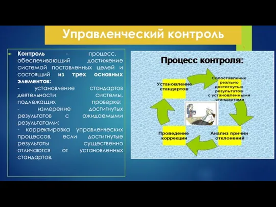 Управленческий контроль Контроль - процесс, обеспечивающий достижение системой поставленных целей и