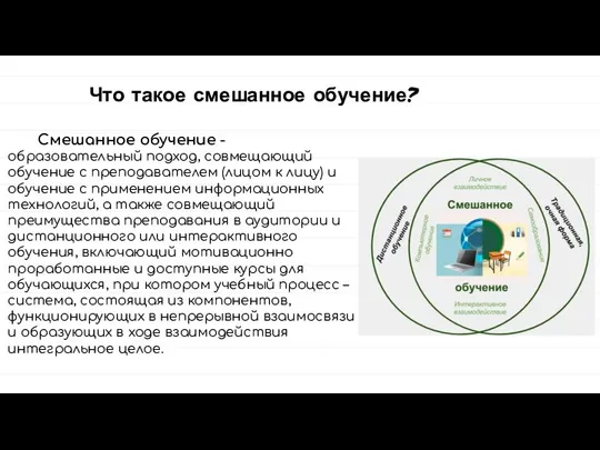 Смешанное обучение -образовательный подход, совмещающий обучение с преподавателем (лицом к лицу)